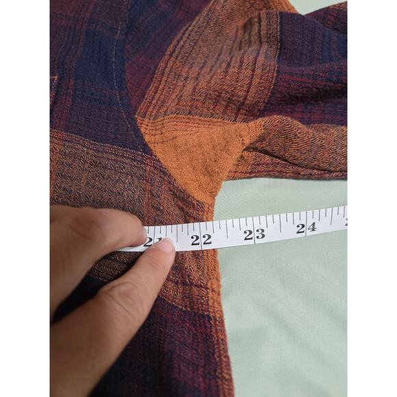 Maurices medium women's golden brown navy blue and orange button up flannel top - Picture 8 of 9